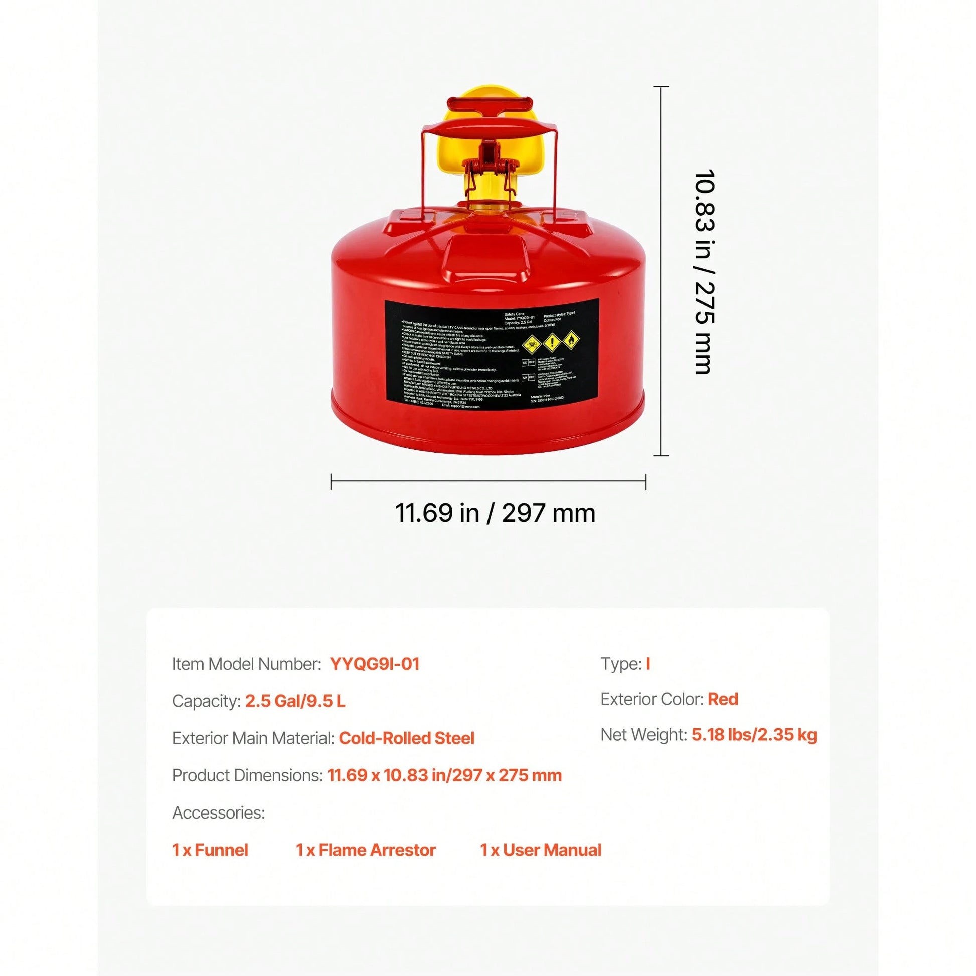 Safety Gas Can, 2.5 Gallon Type I Red Safety Can For Gasoline With Stainless Steel Flame Arrester, Self-Closing Lid, And PE Funnel, Carbon Steel Flammable Storage Container With Ergonomic Handle