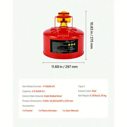 Safety Gas Can, 2.5 Gallon Type I Red Safety Can For Gasoline With Stainless Steel Flame Arrester, Self-Closing Lid, And PE Funnel, Carbon Steel Flammable Storage Container With Ergonomic Handle