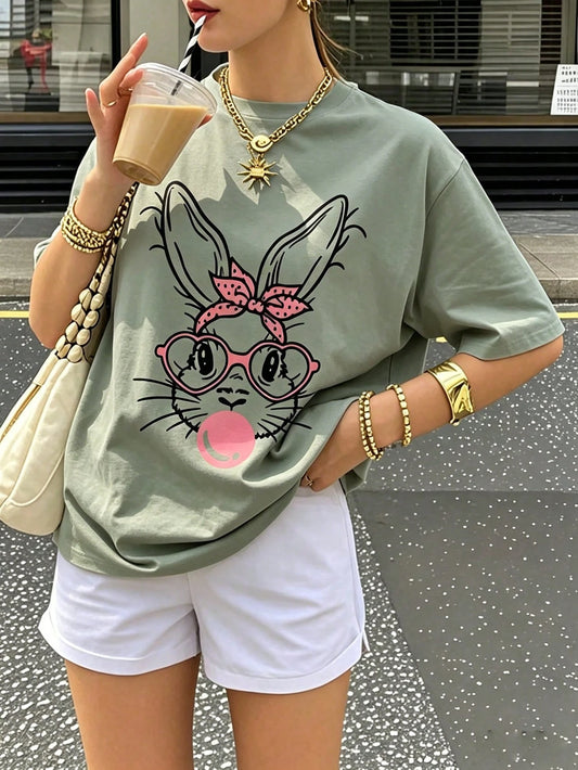 Sage Green Cute Bubblegum Bunny Graphic Tee, Y2K Soft Girl Style, Adorable Rabbit Print Casual Top For Everyday & Brunch Summer