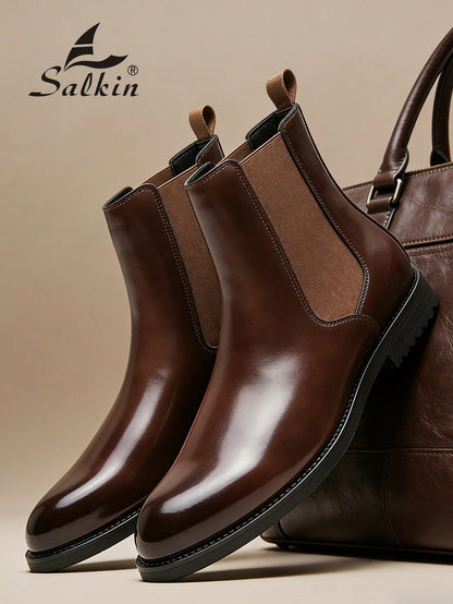 Salkin Vintage Designer Men's Chelsea Boots, Slip-On Design, Pointed Toe, Luxury Mid-Calf Boots Affordable Luxury For Modern Living Soft Comfortable Solid Color Boots For Men Elegant Gentleman Social