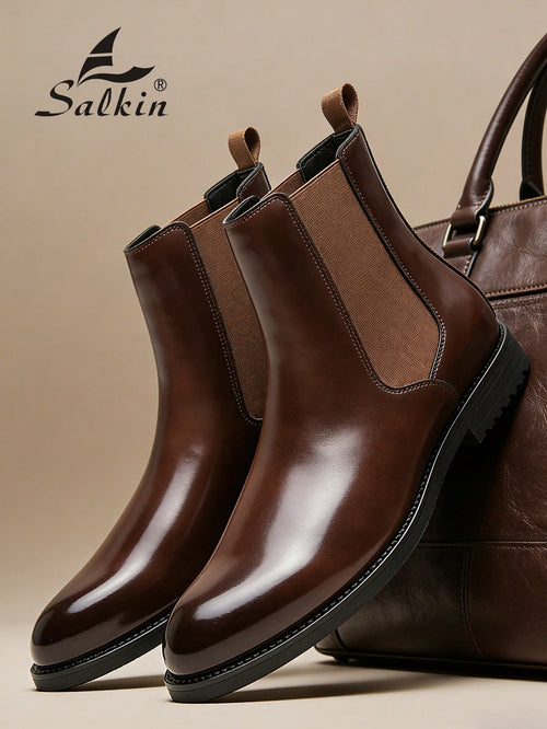 Salkin Vintage Designer Men's Chelsea Boots, Slip-On Design, Pointed Toe, Luxury Mid-Calf Boots Affordable Luxury For Modern Living Soft Comfortable Solid Color Boots For Men Elegant Gentleman Social
