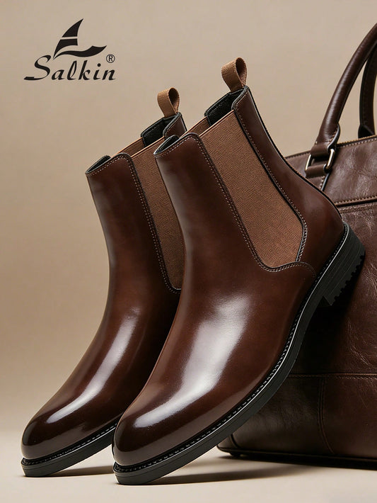 Salkin Vintage Designer Men's Chelsea Boots, Slip-On Design, Pointed Toe, Luxury Mid-Calf Boots Affordable Luxury For Modern Living Soft Comfortable Solid Color Boots For Men Elegant Gentleman Social