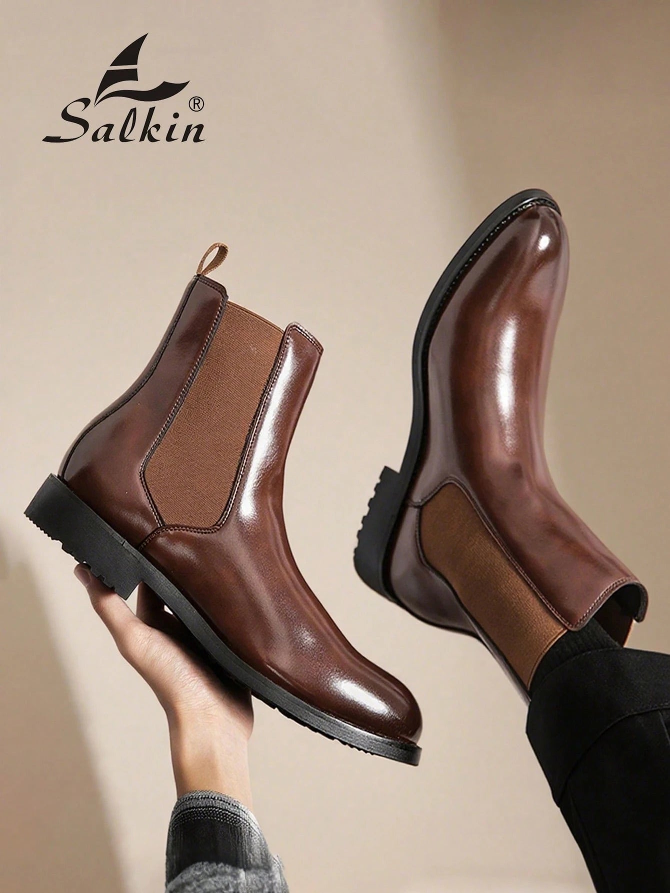 Salkin Vintage Designer Men's Chelsea Boots, Slip-On Design, Pointed Toe, Luxury Mid-Calf Boots Affordable Luxury For Modern Living Soft Comfortable Solid Color Boots For Men Elegant Gentleman Social