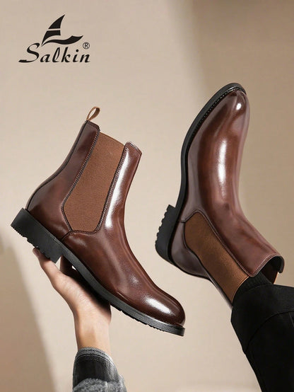 Salkin Vintage Designer Men's Chelsea Boots, Slip-On Design, Pointed Toe, Luxury Mid-Calf Boots Affordable Luxury For Modern Living Soft Comfortable Solid Color Boots For Men Elegant Gentleman Social