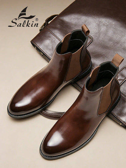 Salkin Vintage Designer Men's Chelsea Boots, Slip-On Design, Pointed Toe, Luxury Mid-Calf Boots Affordable Luxury For Modern Living Soft Comfortable Solid Color Boots For Men Elegant Gentleman Social