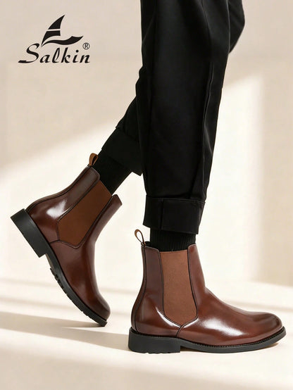 Salkin Vintage Designer Men's Chelsea Boots, Slip-On Design, Pointed Toe, Luxury Mid-Calf Boots Affordable Luxury For Modern Living Soft Comfortable Solid Color Boots For Men Elegant Gentleman Social