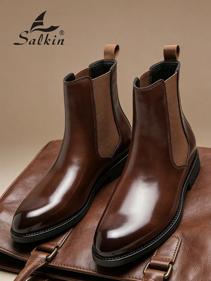 Salkin Vintage Designer Men's Chelsea Boots, Slip-On Design, Pointed Toe, Luxury Mid-Calf Boots Affordable Luxury For Modern Living Soft Comfortable Solid Color Boots For Men Elegant Gentleman Social