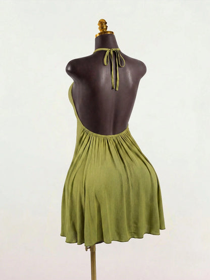 SaltGleam SaltGleam Women's Solid Color Ruched Halter Casual Party Mini Dress