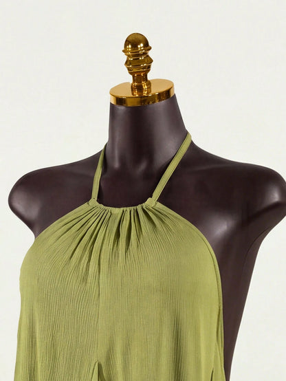 SaltGleam SaltGleam Women's Solid Color Ruched Halter Casual Party Mini Dress