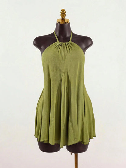 SaltGleam SaltGleam Women's Solid Color Ruched Halter Casual Party Mini Dress