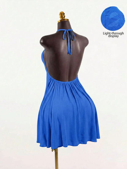 SaltGleam SaltGleam Women's Solid Color Ruched Halter Casual Party Mini Dress