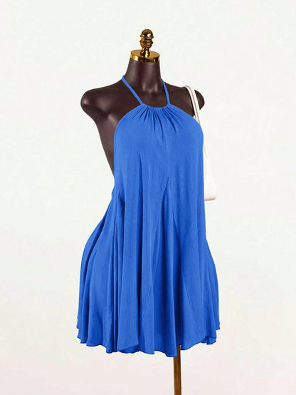 SaltGleam SaltGleam Women's Solid Color Ruched Halter Casual Party Mini Dress