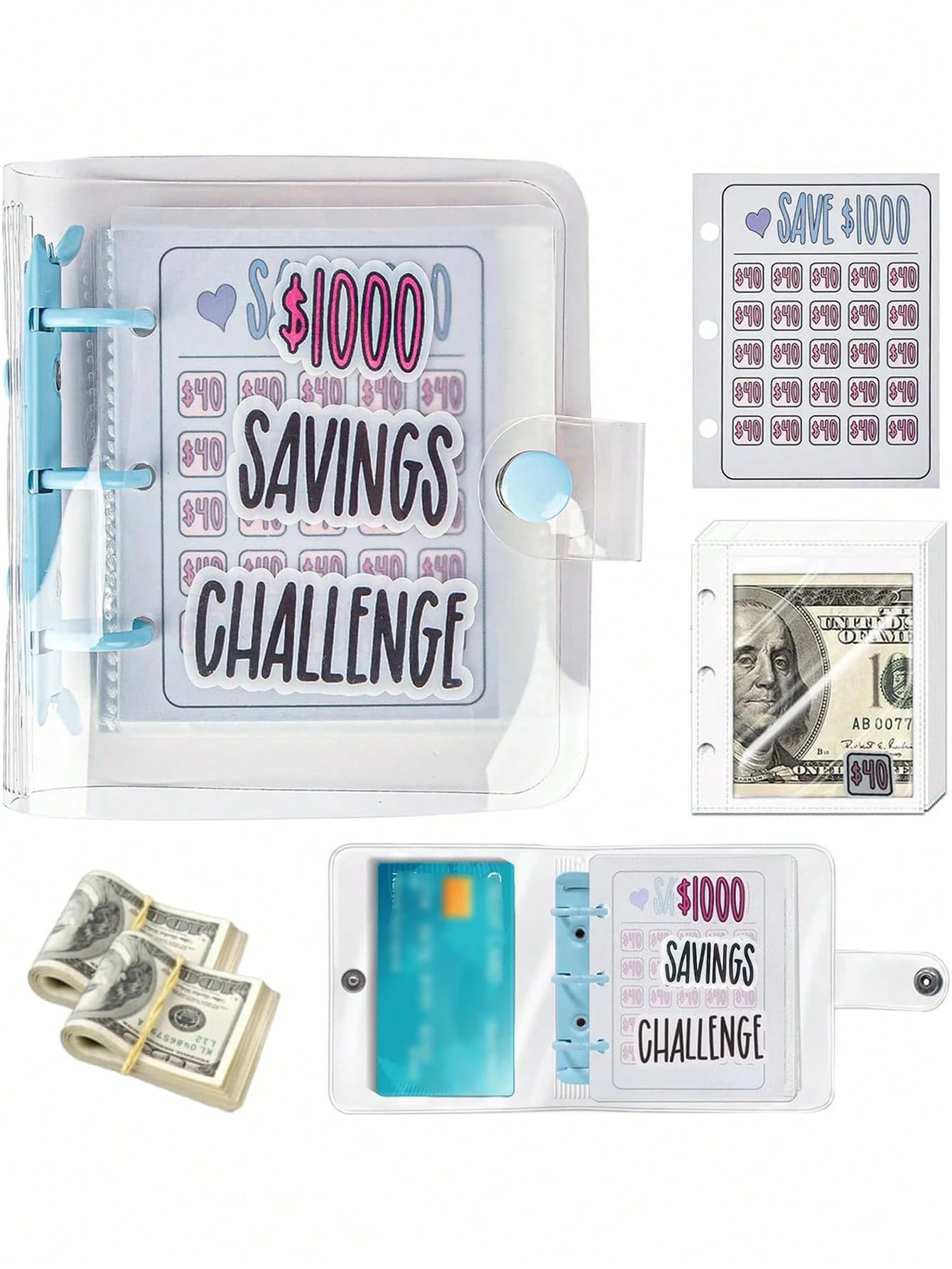 Savings Binder, Challenge Savings Binder Envelopes ($1000), Reusable Budget Notebook With Cash Envelopes, Matte Cover, Cash Savings Challenge Notebook Binder, Travel Organizer, Cosmetic Bag, Vacation
