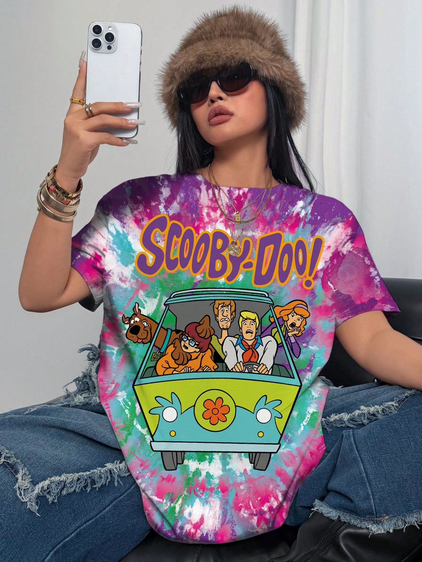 SCOOBY-DOO X Plus Size Women Cartoon Print Round Neck Short Sleeve T-Shirt- DOOX