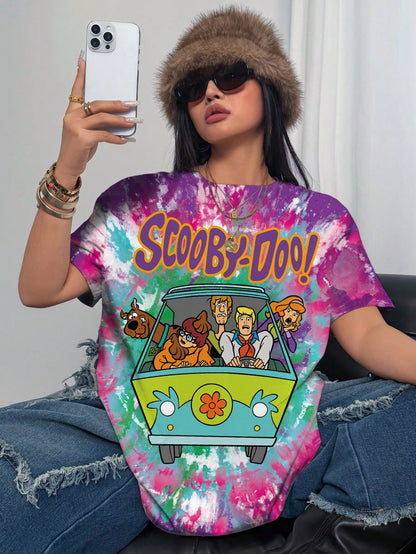 SCOOBY-DOO X Plus Size Women Cartoon Print Round Neck Short Sleeve T-Shirt- DOOX