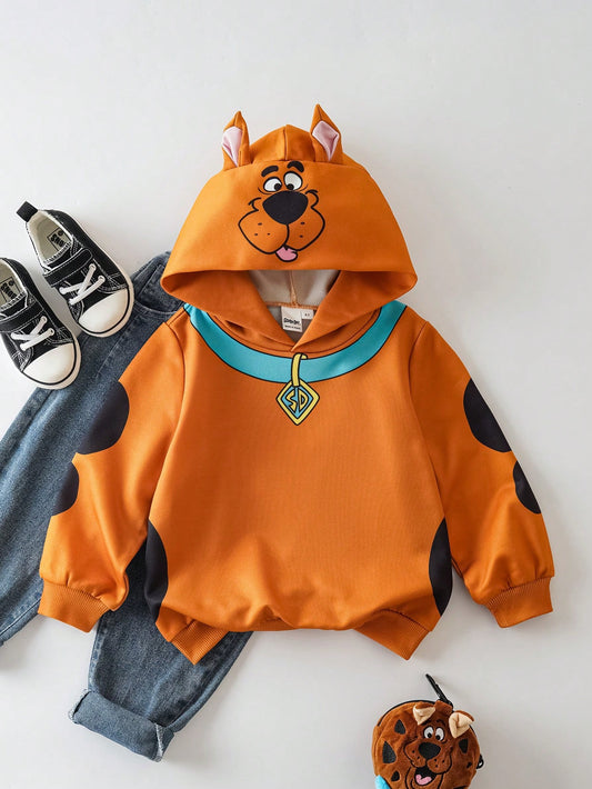 SCOOBY-DOO X Young Boy Cute Cartoon Print Hooded Loose Fit Drop Shoulder Long Sleeve Sweatshirt, Brown