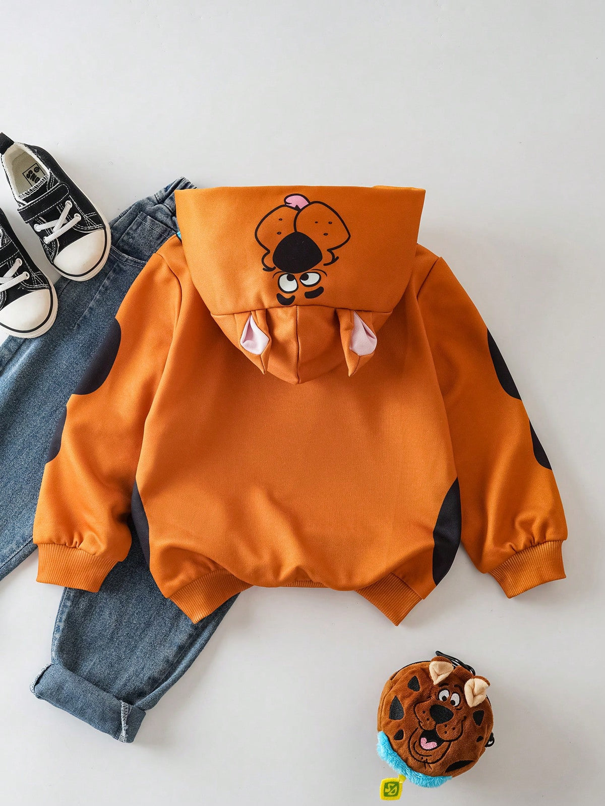 SCOOBY-DOO X Young Boy Cute Cartoon Print Hooded Loose Fit Drop Shoulder Long Sleeve Sweatshirt, Brown