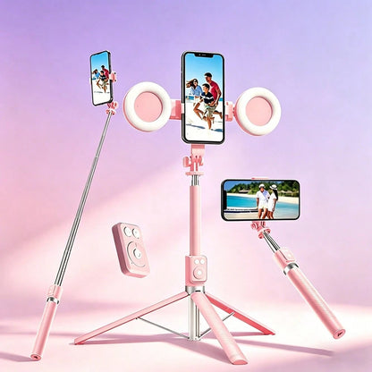 Selfie Stick Tripod With Dual Fill Lights, Adjustable Dimming Knob, For Makeup, Live Streaming, YT Videos, TK, Photography, Compatible With Cameras & Smartphones Telescopic Phone Selfie Stand