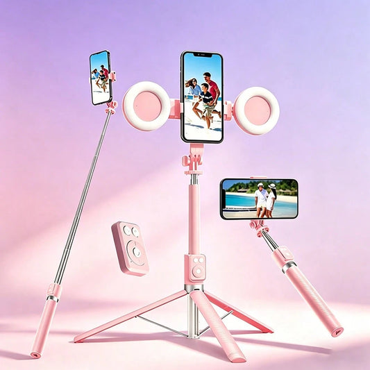 Selfie Stick Tripod With Dual Fill Lights, Adjustable Dimming Knob, For Makeup, Live Streaming, YT Videos, TK, Photography, Compatible With Cameras & Smartphones Telescopic Phone Selfie Stand
