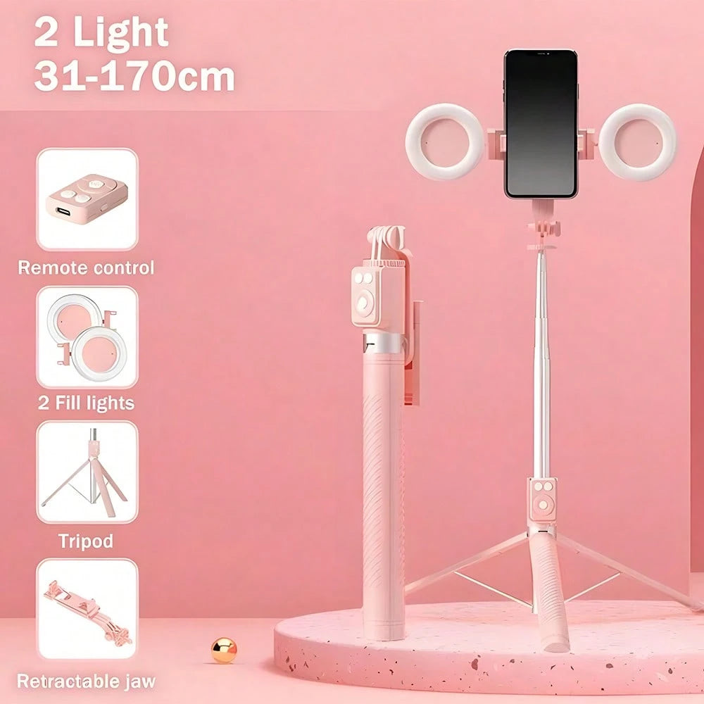 Selfie Stick Tripod With Dual Fill Lights, Adjustable Dimming Knob, For Makeup, Live Streaming, YT Videos, TK, Photography, Compatible With Cameras & Smartphones Telescopic Phone Selfie Stand