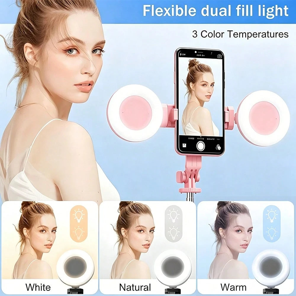 Selfie Stick Tripod With Dual Fill Lights, Adjustable Dimming Knob, For Makeup, Live Streaming, YT Videos, TK, Photography, Compatible With Cameras & Smartphones Telescopic Phone Selfie Stand