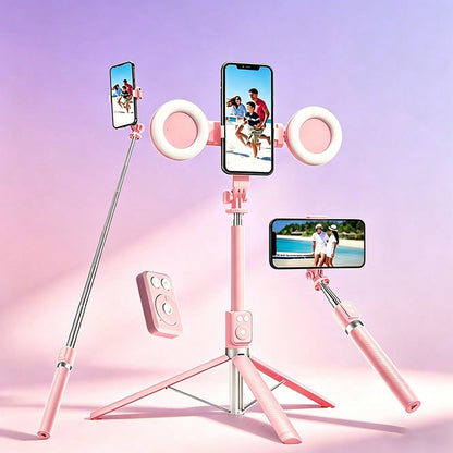Selfie Stick Tripod With Dual Fill Lights, Adjustable Dimming Knob, For Makeup, Live Streaming, YT Videos, TK, Photography, Compatible With Cameras & Smartphones Telescopic Phone Selfie Stand