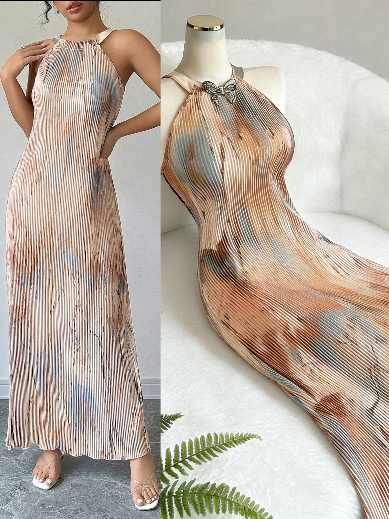 Selianne Women's Elegant Tie-Dye Printed Pleated Dress Maxi Women Outfit