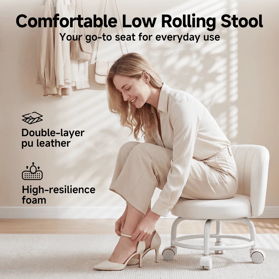 Senmeo 360° Swivel Heavy-Duty Rolling Stool- PU Leather Seat Shockproof Wheels, Ideal For Garage Office Nail Tech Parenting