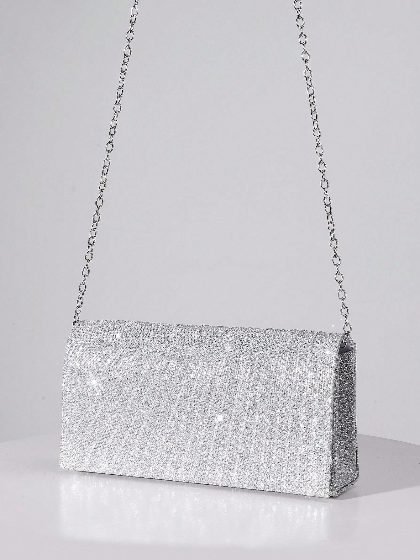 Sequin Envelope Handbag, Women's Evening Clutch, Women's Daily Clutch, Shiny Metal Chain Crossbody Bag For Wedding Party, Silver & Black