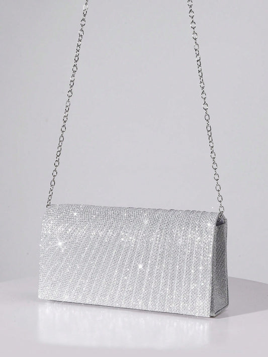 Sequin Envelope Handbag, Women's Evening Clutch, Women's Daily Clutch, Shiny Metal Chain Crossbody Bag For Wedding Party, Silver & Black