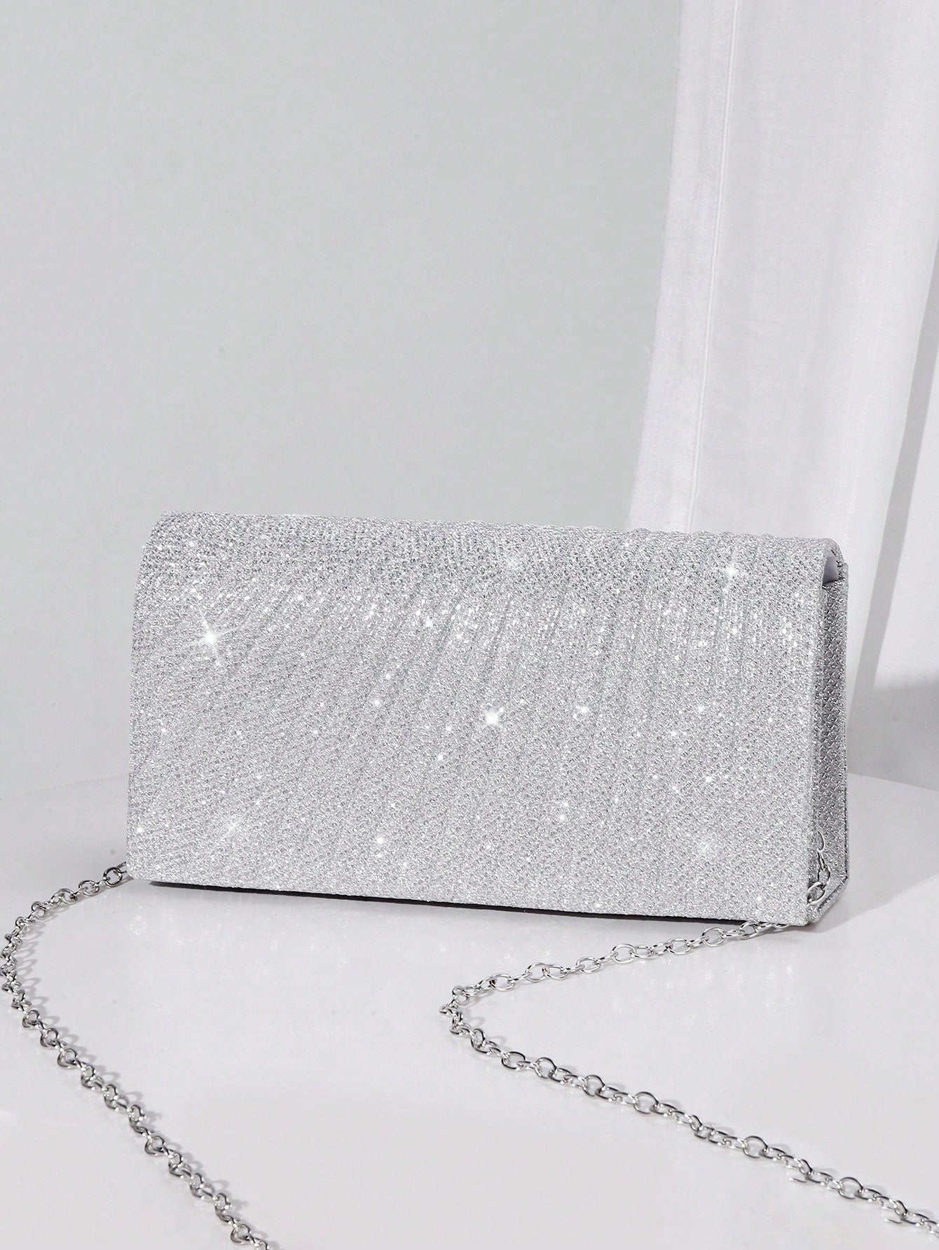 Sequin Envelope Handbag, Women's Evening Clutch, Women's Daily Clutch, Shiny Metal Chain Crossbody Bag For Wedding Party, Silver & Black
