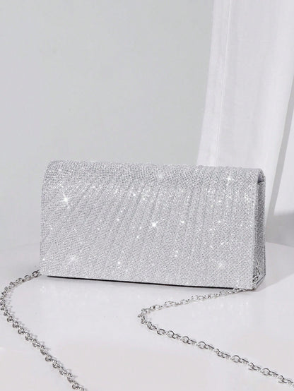Sequin Envelope Handbag, Women's Evening Clutch, Women's Daily Clutch, Shiny Metal Chain Crossbody Bag For Wedding Party, Silver & Black