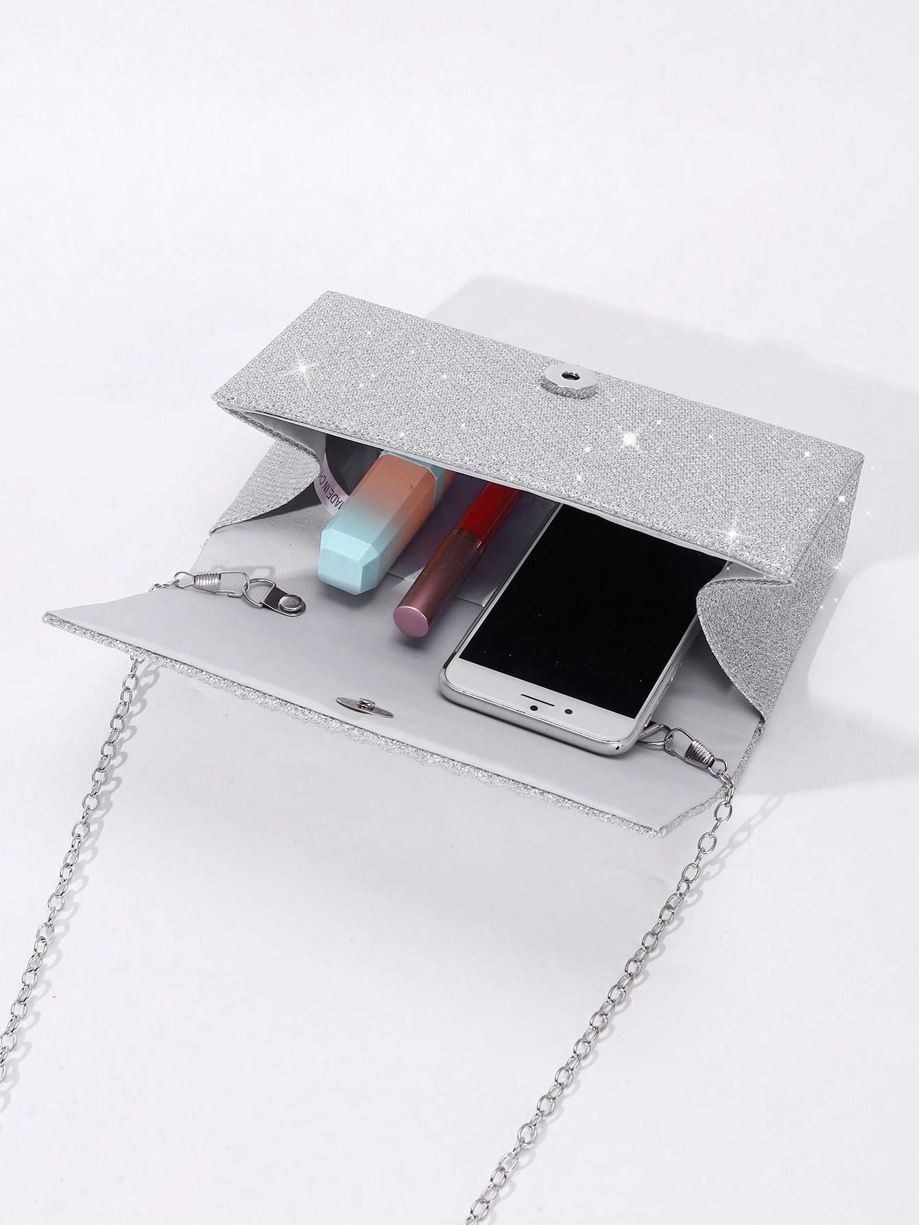 Sequin Envelope Handbag, Women's Evening Clutch, Women's Daily Clutch, Shiny Metal Chain Crossbody Bag For Wedding Party, Silver & Black