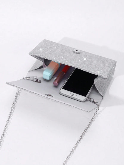 Sequin Envelope Handbag, Women's Evening Clutch, Women's Daily Clutch, Shiny Metal Chain Crossbody Bag For Wedding Party, Silver & Black