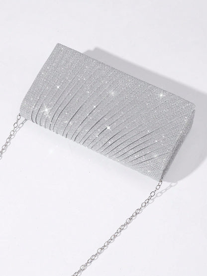 Sequin Envelope Handbag, Women's Evening Clutch, Women's Daily Clutch, Shiny Metal Chain Crossbody Bag For Wedding Party, Silver & Black