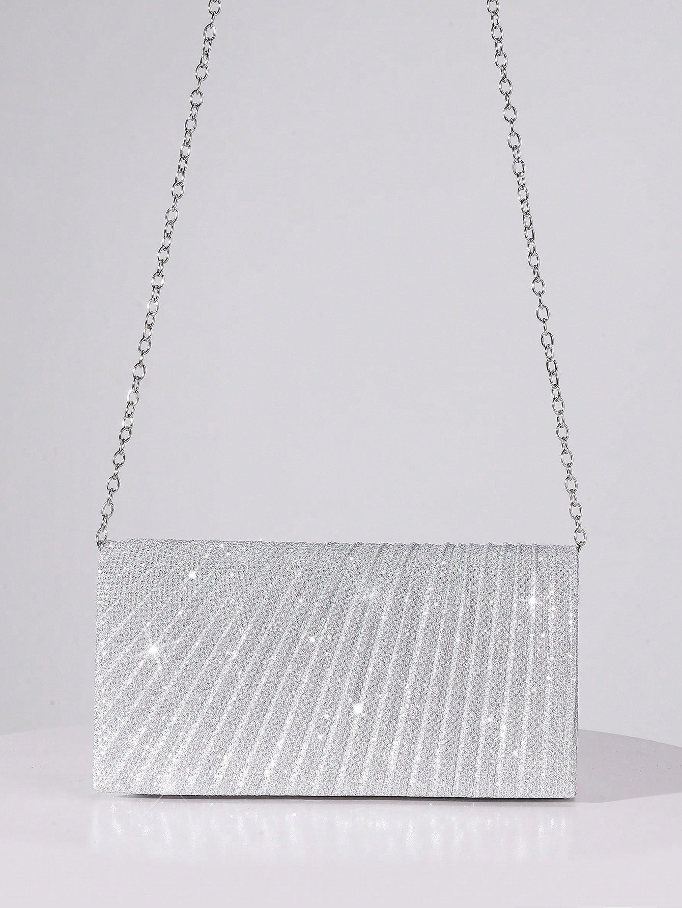 Sequin Envelope Handbag, Women's Evening Clutch, Women's Daily Clutch, Shiny Metal Chain Crossbody Bag For Wedding Party, Silver & Black