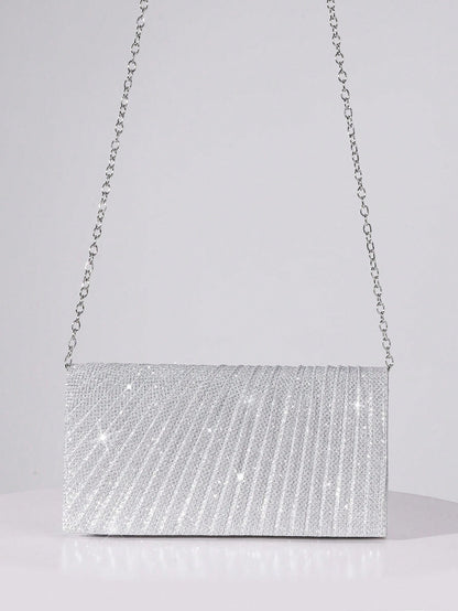 Sequin Envelope Handbag, Women's Evening Clutch, Women's Daily Clutch, Shiny Metal Chain Crossbody Bag For Wedding Party, Silver & Black