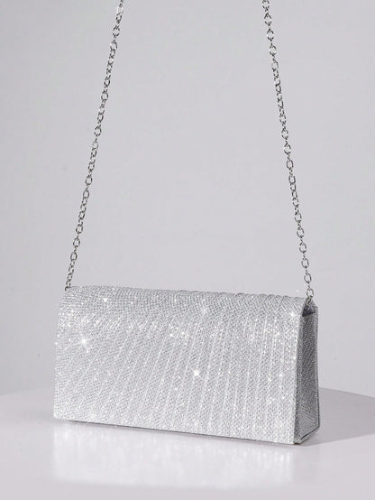 Sequin Envelope Handbag, Women's Evening Clutch, Women's Daily Clutch, Shiny Metal Chain Crossbody Bag For Wedding Party, Silver & Black