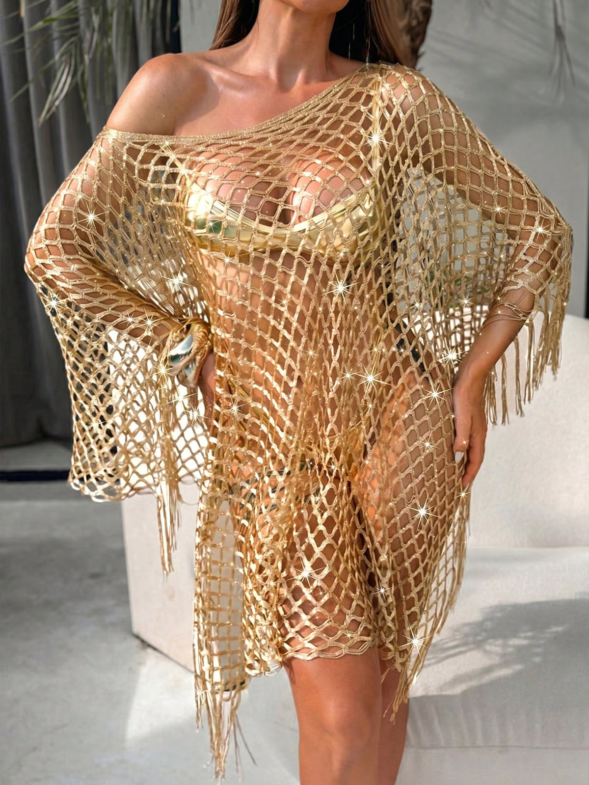 SEREN Summer New Arrival: Loose Casual Women's Cover-Up, Gold Knit Top, Sexy Sheer Hollow Mesh Tassel Top, Women's Beachwear