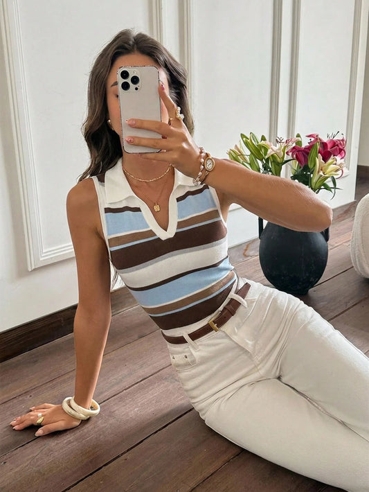 Serisse Women's Blue And White Stripe Tank Top, Polo Collar Asymmetric Colorblock Summer Top, Elegant And Classy Style, Back-To-School School Fashion, Y2K Casual