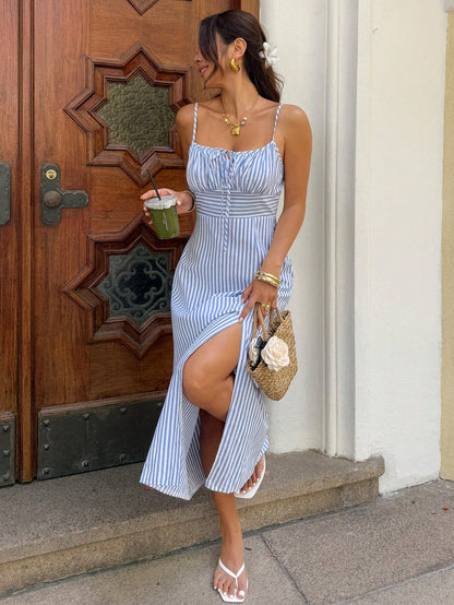 Serisse Women's Elegant French Coastal Blue And White Stripe Spaghetti Strap Maxi Dress, High Slit Midi Sundress For Summer Holiday, Picnic Vacation, Party