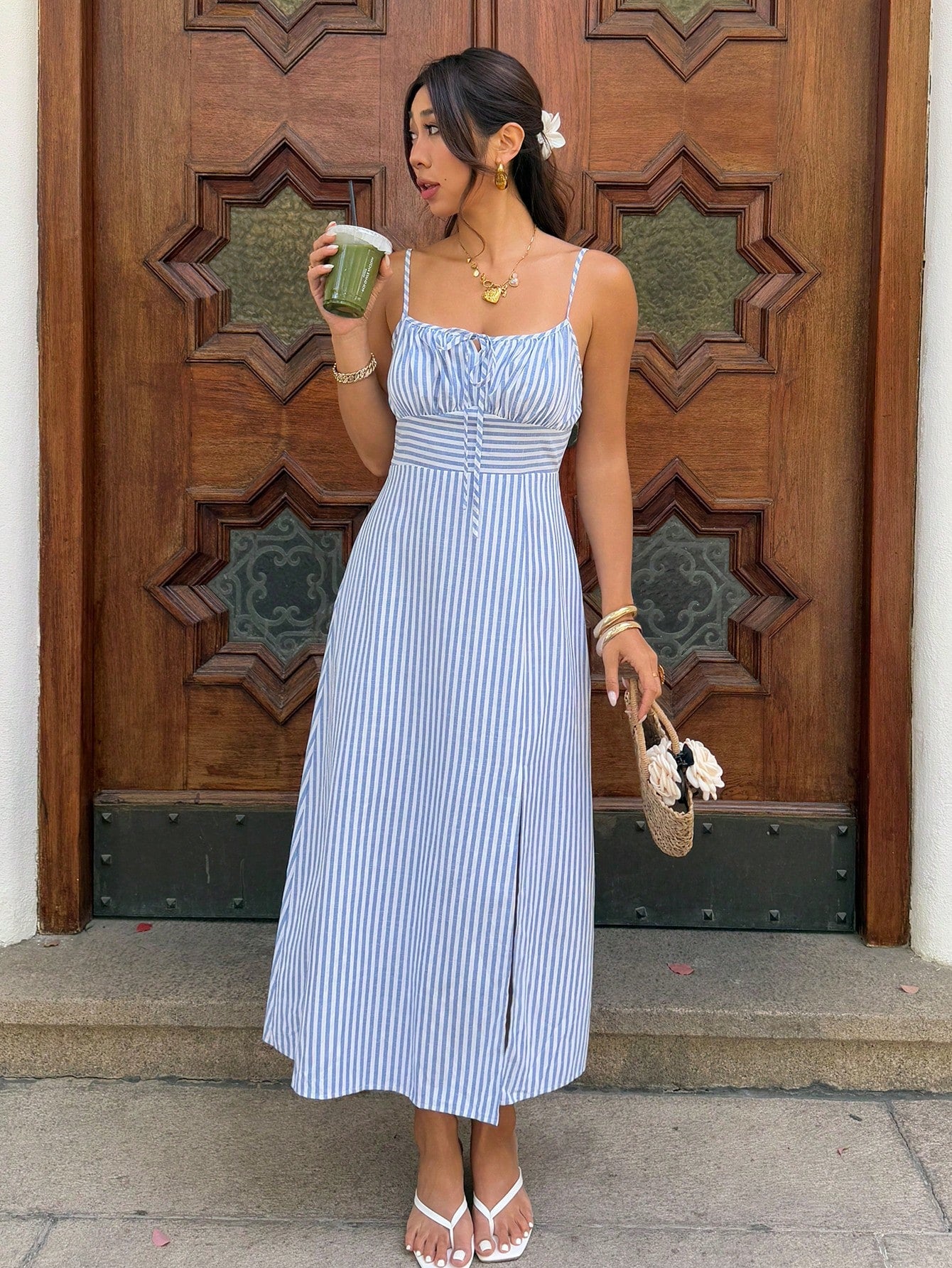 Serisse Women's Elegant French Coastal Blue And White Stripe Spaghetti Strap Maxi Dress, High Slit Midi Sundress For Summer Holiday, Picnic Vacation, Party