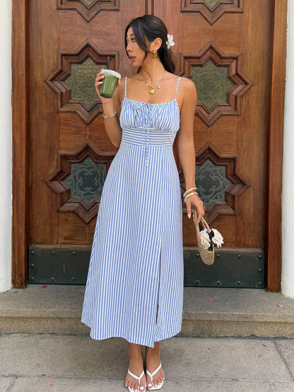 Serisse Women's Elegant French Coastal Blue And White Stripe Spaghetti Strap Maxi Dress, High Slit Midi Sundress For Summer Holiday, Picnic Vacation, Party