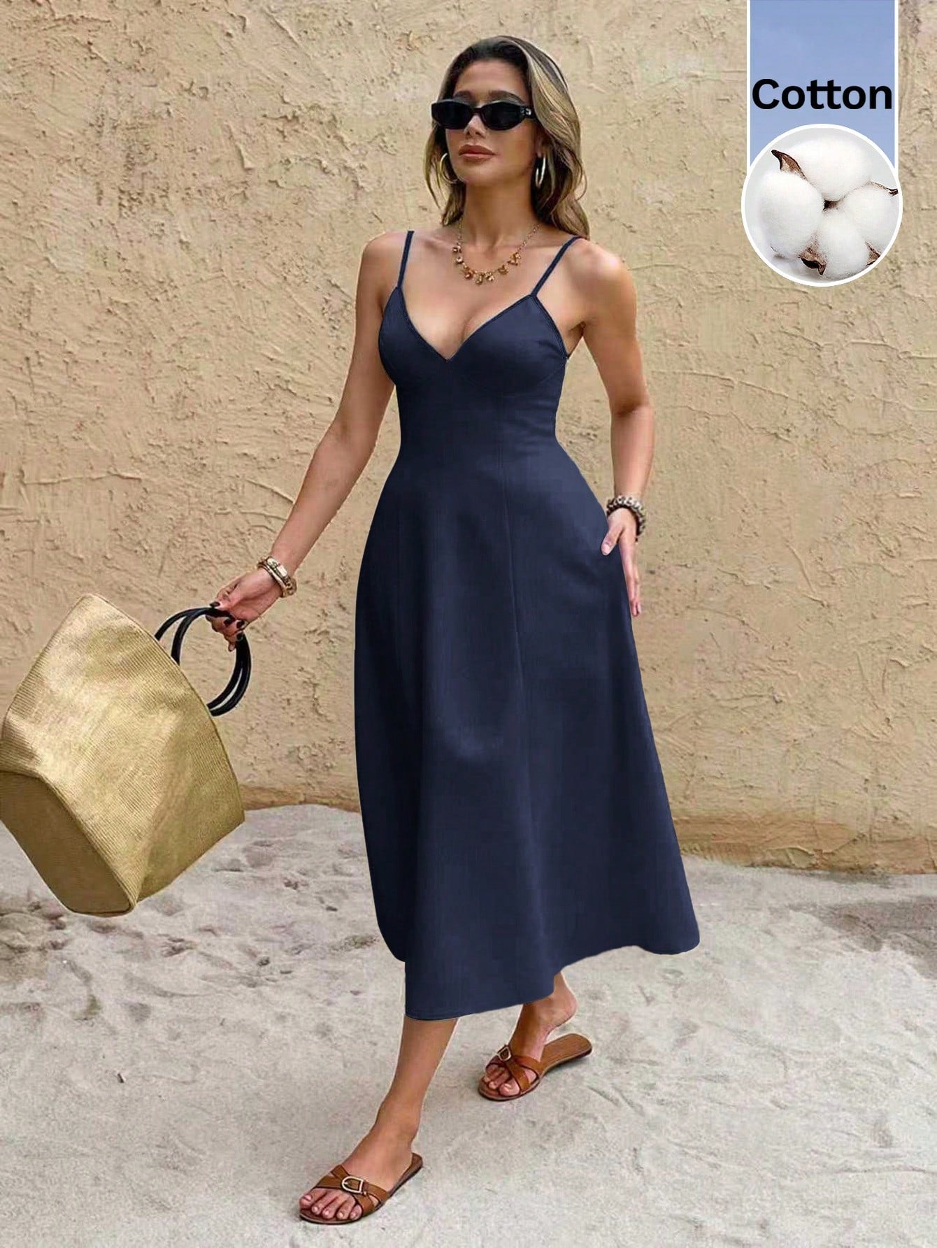 Serisse Women's Solid Color Elegant Modest Vacation Spaghetti Strap Midi Dress Vacation Navy Blue Summer