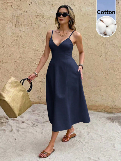 Serisse Women's Solid Color Elegant Modest Vacation Spaghetti Strap Midi Dress Vacation Navy Blue Summer