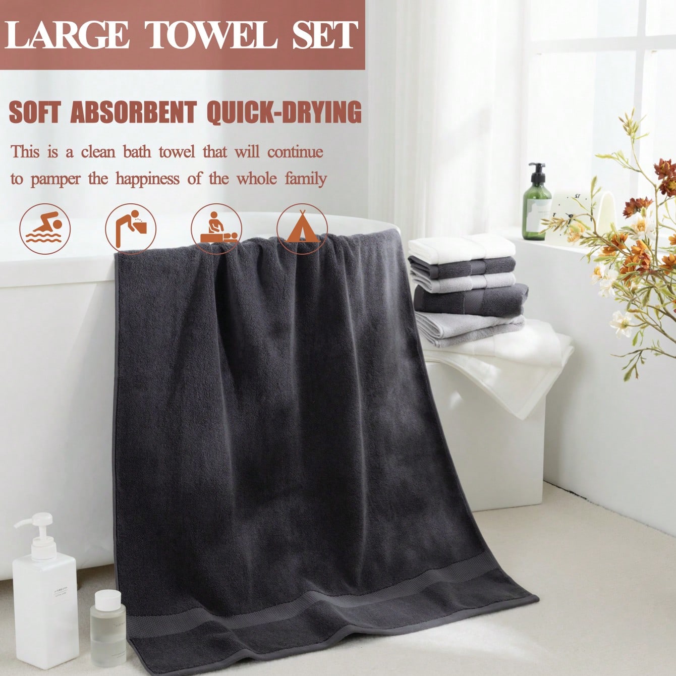 Set Of 2 100% Cotton Bath Towels, 70x140 Cm, Highly Absorbent, Quick-Drying, With A Stylish Embossed Design. These Soft, Skin-Friendly Towels Are Ideal For Home, Bathroom, Hotel, Spa, Sports, Camping