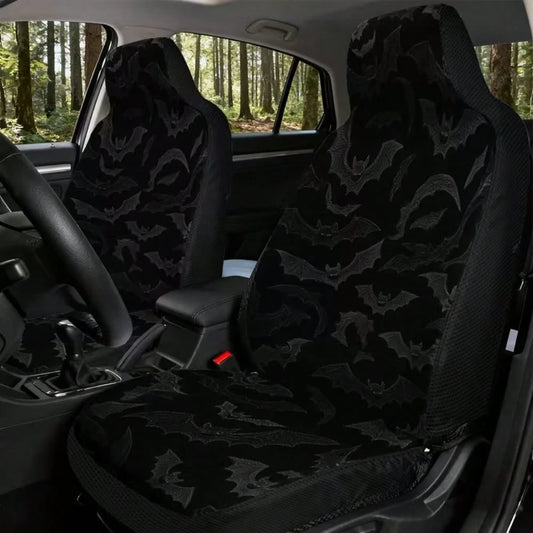 Set Of 2 Flat Printed Car Seat Covers Featuring Halloween Flying Bats, Designed To Fit Front Seats Of Cars, Suvs, And Trucks. Made With Durable Fabric, Suitable For Both Men And Women, These Covers En