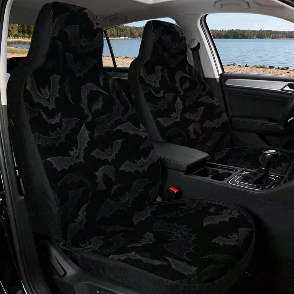 Set Of 2 Flat Printed Car Seat Covers Featuring Halloween Flying Bats, Designed To Fit Front Seats Of Cars, Suvs, And Trucks. Made With Durable Fabric, Suitable For Both Men And Women, These Covers En