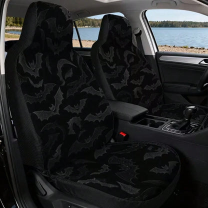 Set Of 2 Flat Printed Car Seat Covers Featuring Halloween Flying Bats, Designed To Fit Front Seats Of Cars, Suvs, And Trucks. Made With Durable Fabric, Suitable For Both Men And Women, These Covers En