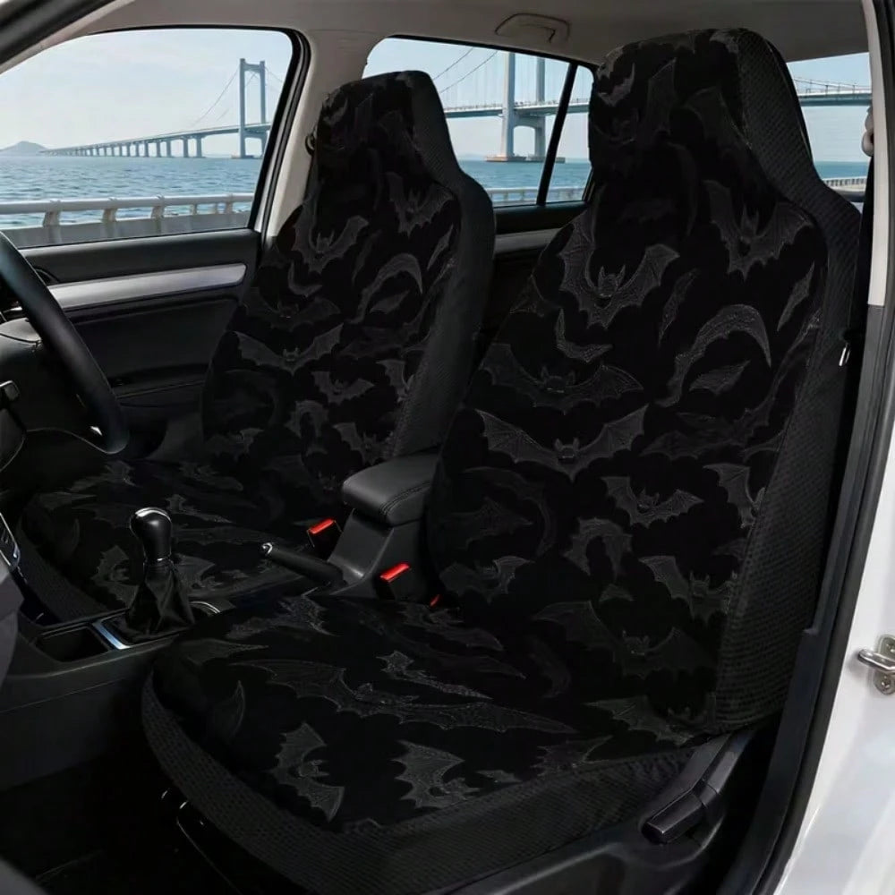 Set Of 2 Flat Printed Car Seat Covers Featuring Halloween Flying Bats, Designed To Fit Front Seats Of Cars, Suvs, And Trucks. Made With Durable Fabric, Suitable For Both Men And Women, These Covers En